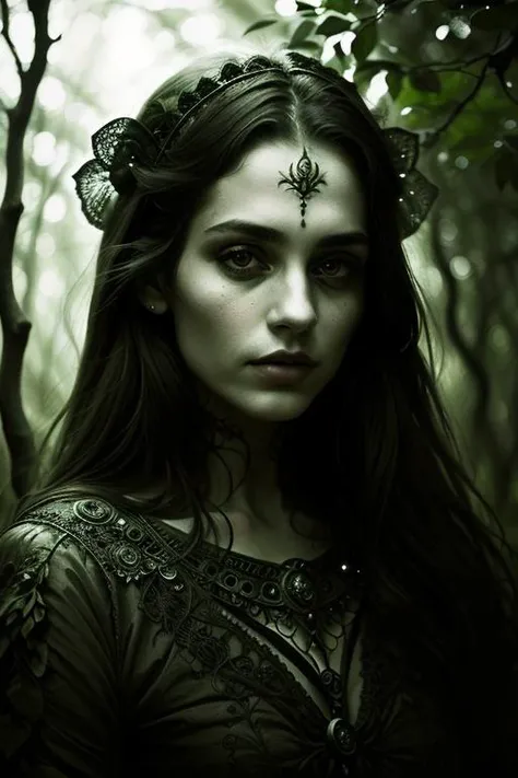 woman in a mythical forest, masterpiece, perfect face, intricate details, horror theme