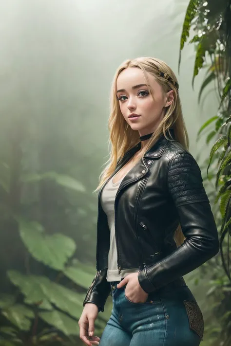 photo of S122_MariaKazi, a beautiful woman, in a (misty-jungle:1.2), wearing a (leather-jacket:1.2) and jeans, (foggy:1.2), (8k, RAW photo, best quality, depth of field, ultra high res:1.2), (absurdres, intricate, photorealistic, masterpiece, ultra-detaile...