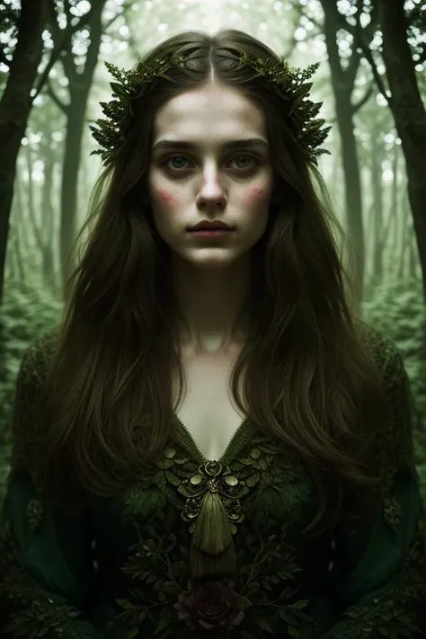 1girl in a mythical forest, masterpiece, perfect face, intricate details, horror theme,