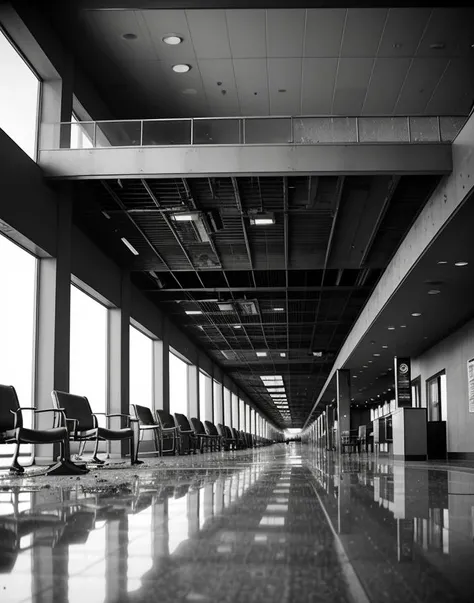 cinematic film still busy international airport terminal lobby, modern,  grayscale vintage,  red-panic-button-positive . shallow depth of field, vignette, highly detailed, high budget Hollywood movie, bokeh, cinemascope, moody, epic, gorgeous, film grain, ...