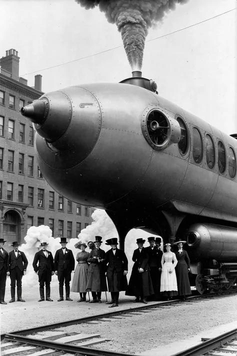 barnum futuristic victorian new york. robotix servants, flying steam streetcar, charging posts, bullet train,  flying zeppelin|ufo,