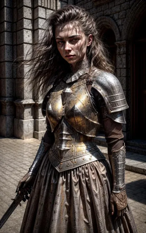 a close up of a woman in armor holding a sword