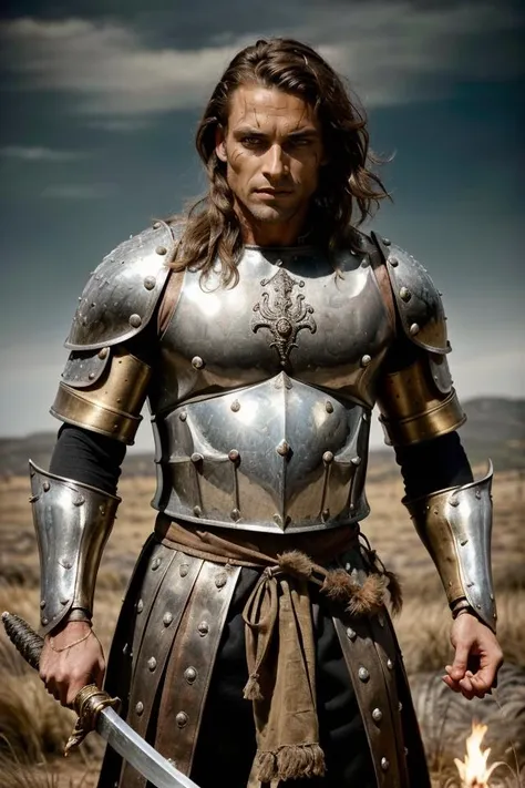 a man in armor holding a sword and standing in a field