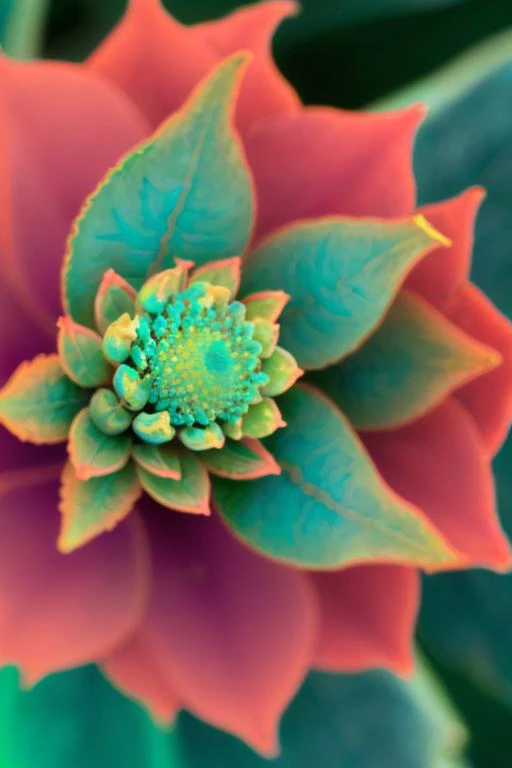 a close up of a flower budding on a plant with green leaves, false color, color ( sony a 7 r iv, colorful alien flora, inspired by Joseph Ignaz Appiani, hyper - detailed color photo, saturated color, chrysanthemum eos-1d, trending on unsplash, fractal blue...