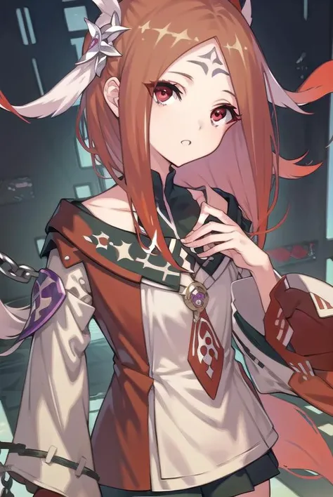 codeeulalia, <lyco:eulalia-lyco-nochekaiser:1>, 
eulalia, long hair, brown hair, hair ornament, facial mark, (red eyes:1.5),
BREAK skirt, thighhighs, pleated skirt, detached sleeves, wide sleeves, chain, red thighhighs,
BREAK looking at viewer,
BREAK outdo...