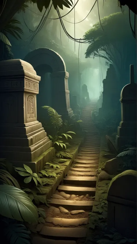 fantasy, archaeology  theme, <lora:ExpeditionStyleXL:1> ExpeditionStyle tracks leading to a decrepit cemetery hidden in the jungle