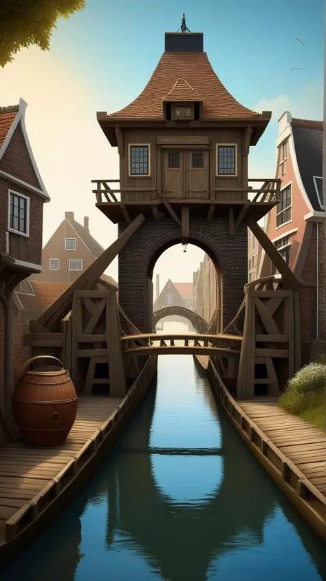 fantasy, archaeology  theme, <lora:ExpeditionStyleXL:1> ExpeditionStyle quaint Dutch drawbridge over a canal in a small fishing village