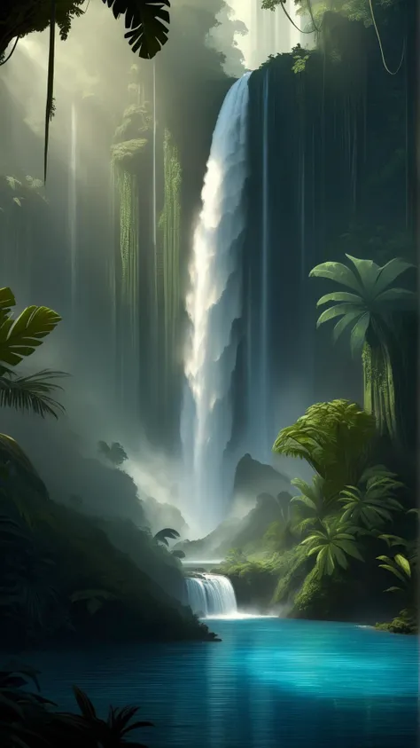 fantasy, archaeology  theme, <lora:ExpeditionStyleXL:1> ExpeditionStyle a breathtaking waterfall surrounded by a lush tropical rainforest