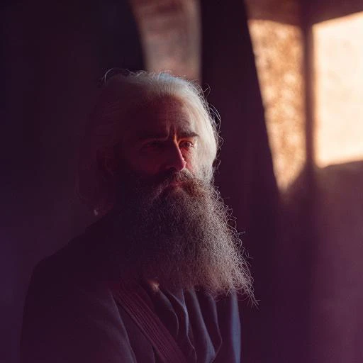 a close up of a man with a long beard and a white beard