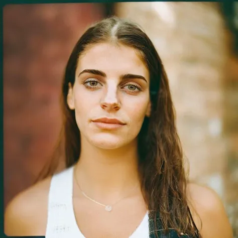 a close up of a woman with long hair and a white tank top