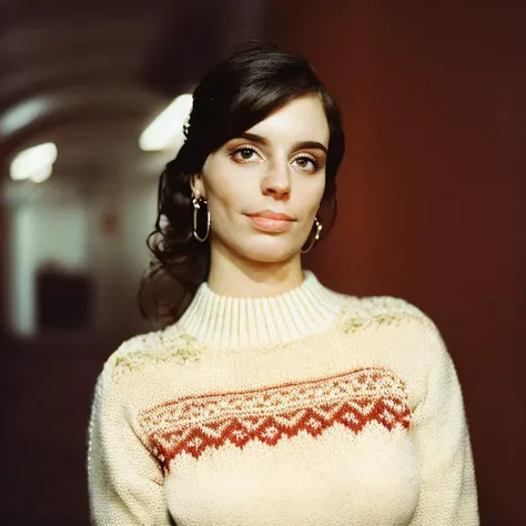 arafed woman in a sweater and earrings standing in a hallway