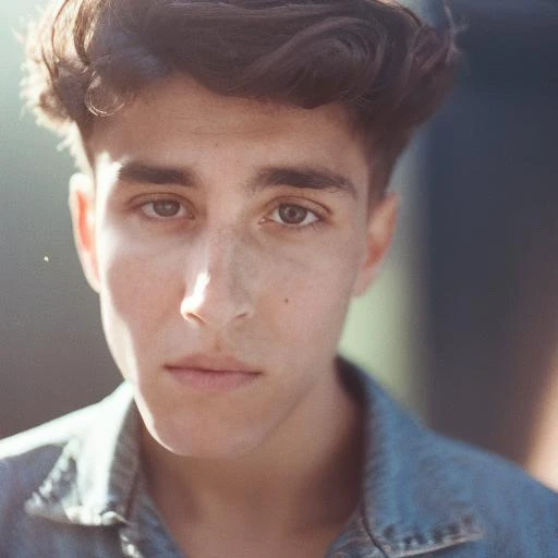 a close up of a young man with a denim jacket on