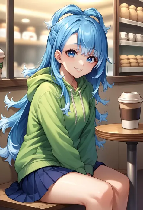 score_9, score_8_up, source_anime, 1girl, solo, KoboKanaeru, blue eyes, long hair, blue hair, colored tips, sitting, coffee shop, hoodie, pleated skirt, smile, <lora:Char-KoboKanaeruPonyXL:1>