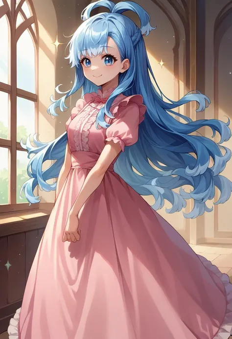 score_9, score_8_up, source_anime, 1girl, solo, KoboKanaeru, blue eyes, long hair, blue hair, colored tips, cute, long dress, pink dress, frills, bow, :d, sparkles, sparkling, smile, indoors, standing, <lora:Char-KoboKanaeruPonyXL:1>