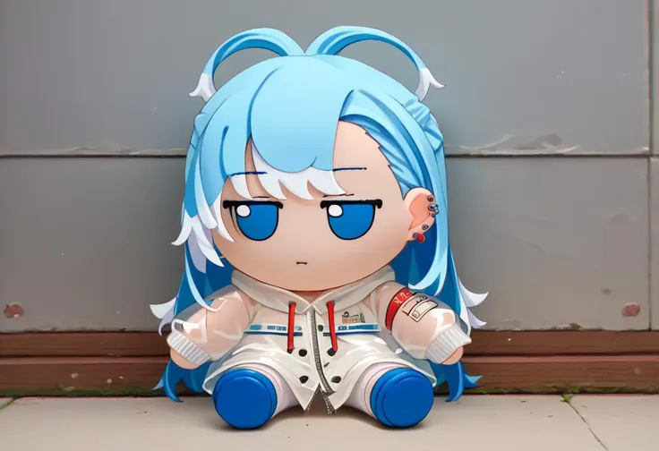 a close up of a doll with blue hair sitting on a floor