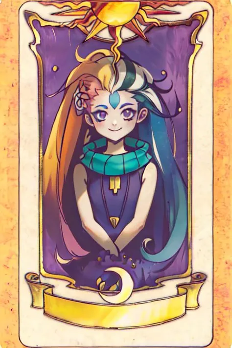 tarot,masterpiece, best quality, 1girl,  (disheveled hair),[orange hair:purple buttom hair:0.8],forehead,very long hair,(colored inner hair:1.3),(gradient hair:1.2), blue and purple  eyes,smile,upper body,