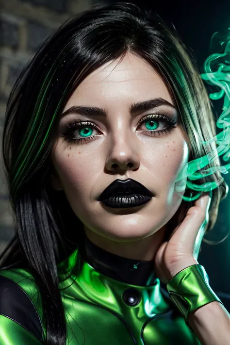 (shegolady:1.2), (shego:1), (woman:1), ((green eyes)), (black and green suit:1), (body suit:1.2), (sharp facial features:1.5), (thin eyebrows), (fair complexion), (white skin:0.7), (black hair:1.0), long side parted hair, (green smoke from hands), (black l...