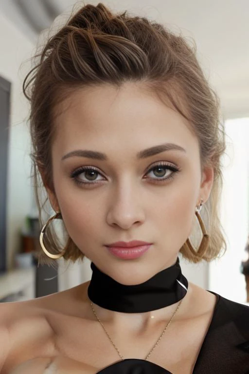 a close up of a woman wearing a choke and a black dress