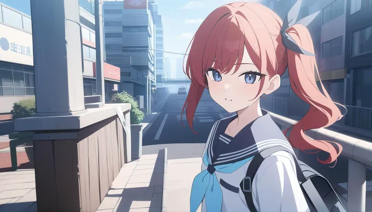 anime girl with red hair and blue eyes standing on a sidewalk