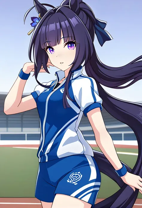 anime girl with long black hair and blue shorts on a track