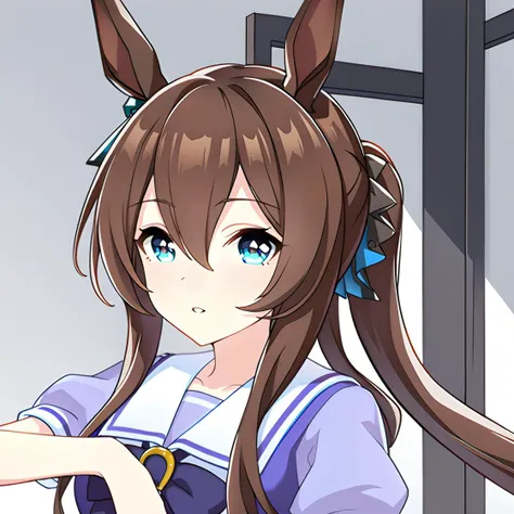 anime girl with long brown hair and blue eyes in a school uniform