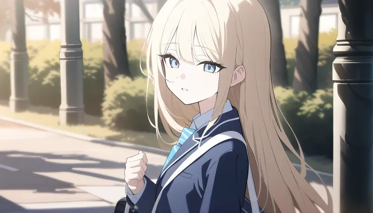 anime girl with long blonde hair and blue eyes standing in front of a street