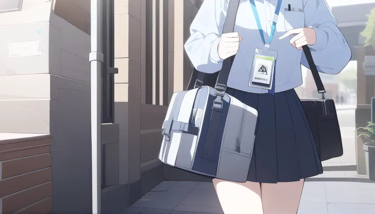 anime girl in uniform with a bag and name tag walking down a sidewalk