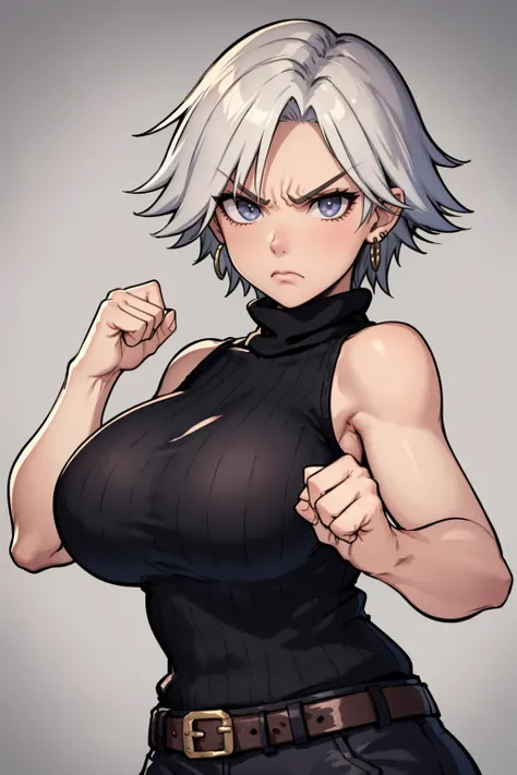 masterpiece, best quality, <lora:doachristie-nvwls-v1:0.9> doachristie, fighter stance, earrings, choker, black sweater, sleeveless turtleneck, belt, (huge breasts:0.8), looking at viewer, upper body, furrowed brow, angry,