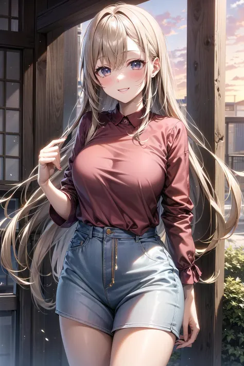 anime girl with long hair and blue eyes posing in front of a wooden door