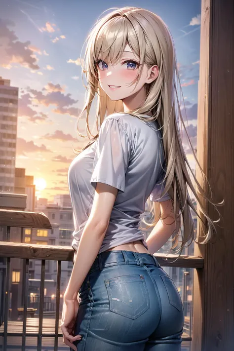 anime girl with long blonde hair and blue jeans posing on balcony