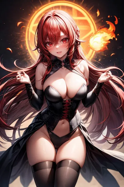 (masterpiece, best quality), 1girl, red hair, flaming hair, red eyes, flames, hands in flame, flame blade, red magic circle, red corset, black thighhighs, sidelighting, light particles, abstract, <lora:add_detail:1>