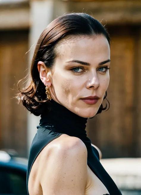 arafed woman in a black dress with a black top and gold earrings