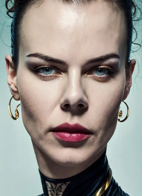 a close up of a woman with a black top and gold hoop earrings