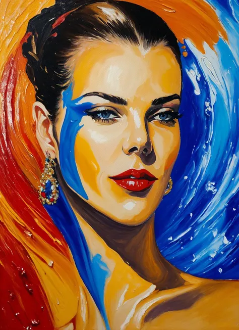 a painting of a woman with blue and orange makeup