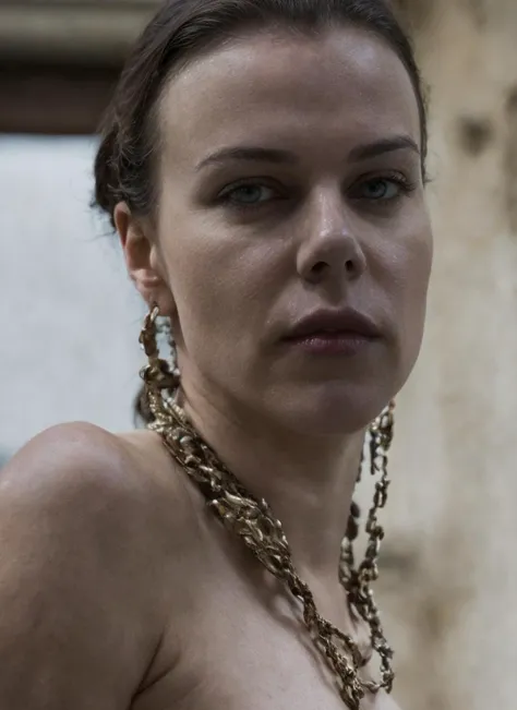 a close up of a woman with a necklace on her neck