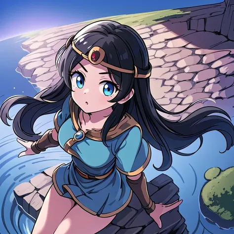 masterpiece,ultra detail,best quality,1girl,ki, <lora:ki:0.7>,fantasy dungeon, circlet,blue clothes,blackhair,from above,flying sky,floating air