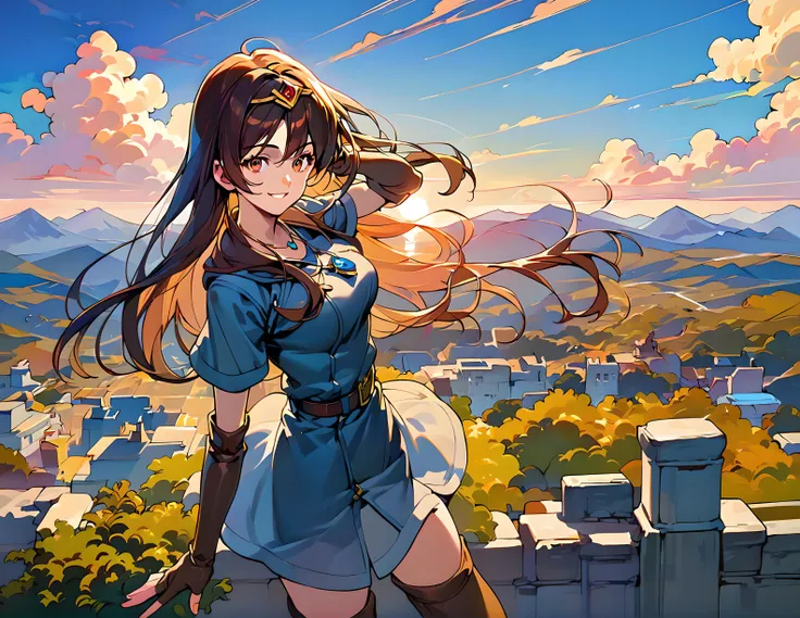 anime girl with long hair standing on a wall overlooking a city