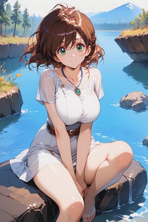 anime girl sitting on a rock by a river with a mountain in the background