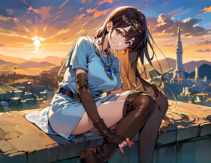 anime girl sitting on a ledge with a view of a city