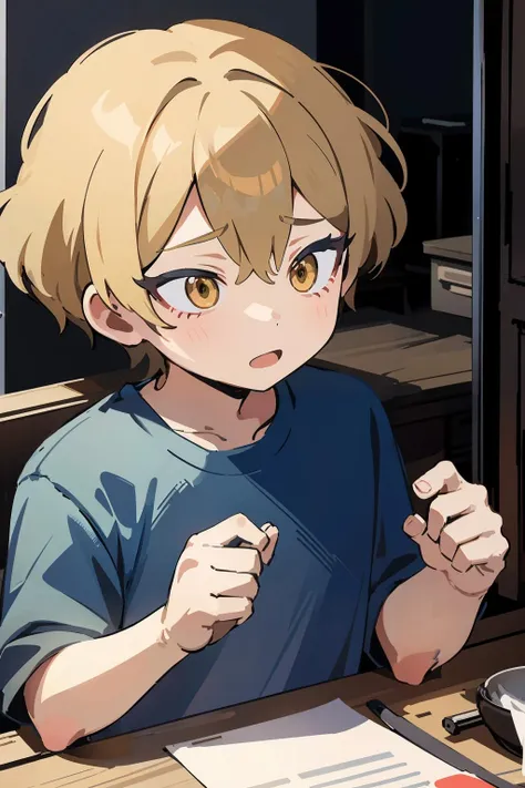 anime boy with blonde hair and blue shirt sitting at a table