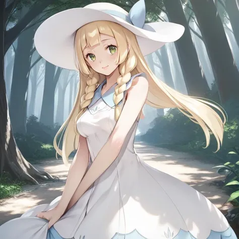 a woman in a white hat and dress standing in a forest