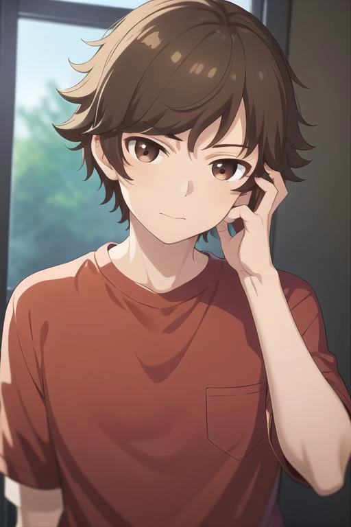 masterpiece, best quality, high quality, 1boy, solo, male focus, looking at viewer, upper body, <lora:kogure_kawanami:0.66>, kogure_kawanami, brown hair, brown eyes, shirt