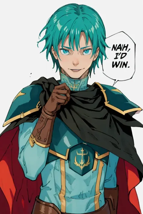 masterpiece, best quality, solo, 1boy, smile , <lora:Ephraim_Fp:1>, ephraimfe, armor, cape,  gloves <lora:concept_nahidwin:1>, nahidwin, speech bubble, english text, close-up, simple background,