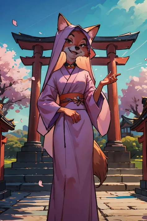 CARTOON_MaidMarian_ownwaifu, furry female fox, animal ears, black eyes, animal nose, orange fur, tail,veil,purple kimono, long sleeves, sash, looking at viewer,serious, smiling, standing, outside, shrine, red torii, cherry blossom, blue sky, high quality, ...