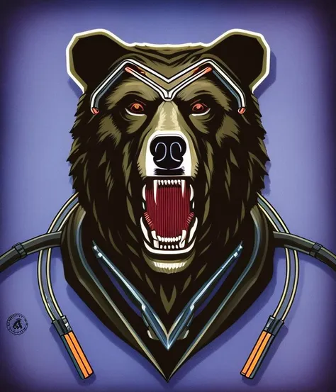 cybernetic bear roaring illustration ins tyle of  cyberpunk dieselpunk, cables wires connectors, masterpiece, chips, volumetric ...