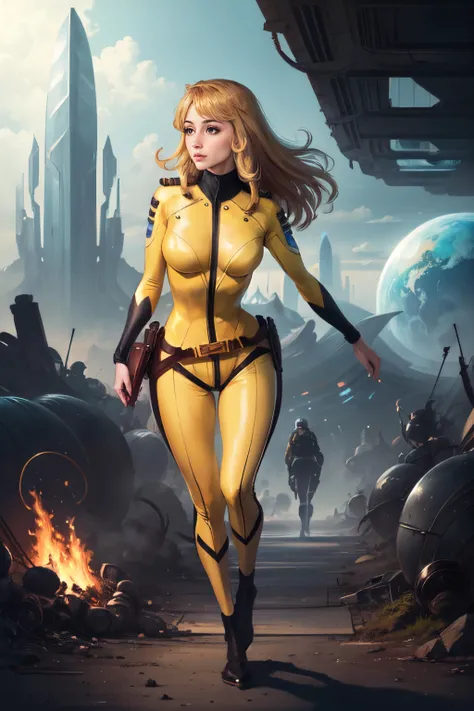 (masterpiece, best quality:1.2), (full body:1.3), solo, 1girl, mori yuki,   <lora:spacebattleship_mori:1>,  slight smile, closed mouth, looking at viewer, blonde hair, yellow bodysuit, skin tight, belt, action pose on colorful alien planet, futuristic city...