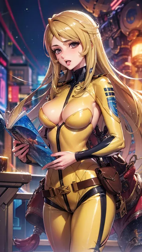 best quality, masterpiece, 1girl , <lora:spacebattleship_mori-11:1> mori yuki blonde hair yellow bodysuit skin tight belt, spacesuit, spacecraft,  <lora:detail_slider_v4:5> bokeh,