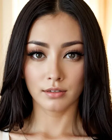 a close up of a woman with long black hair and a necklace