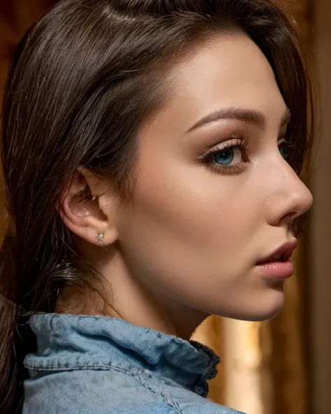 a close up of a woman with a blue shirt and a pair of earrings