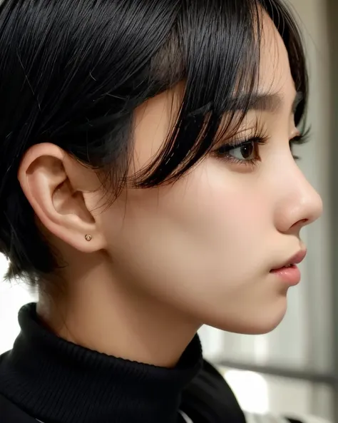 a close up of a woman with a black shirt and a black tie